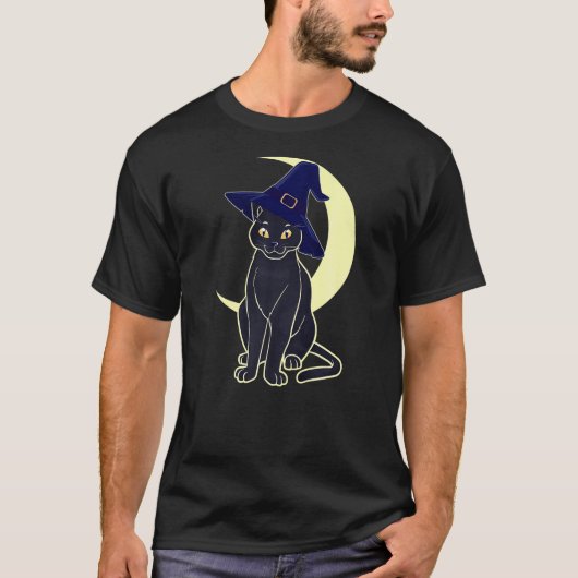 T-shirt Halloween Scary Black Cat Witch Hat Cute Kitten Mo (Devant)