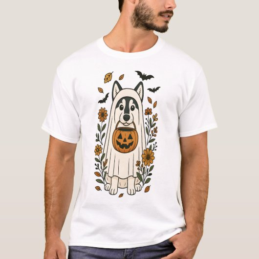 T-shirt Halloween Siberian Husky Flowers (Devant)