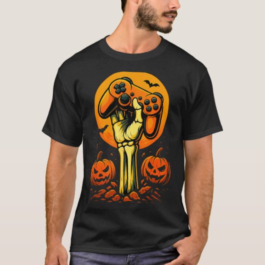 T-shirt Halloween Skeleton Gamer Video Gaming Controller B (Devant)