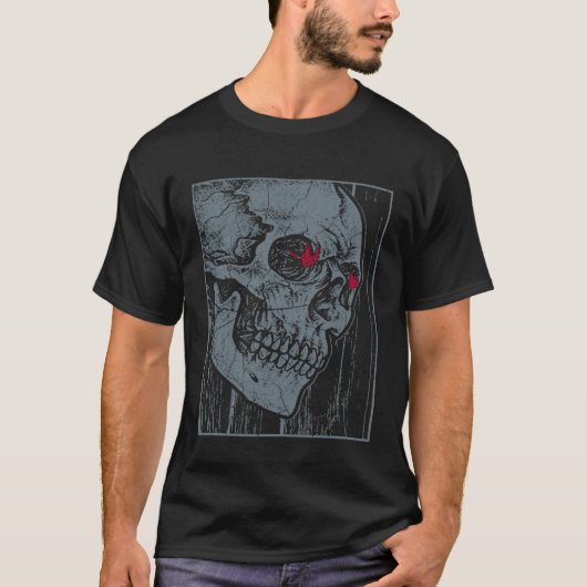 T-shirt Halloween Skeleton Gothic Flaming Heart Eyes Skull (Devant)