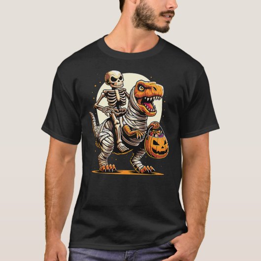 T-shirt Halloween Skeleton Riding Mummy Dinosaur (Devant)
