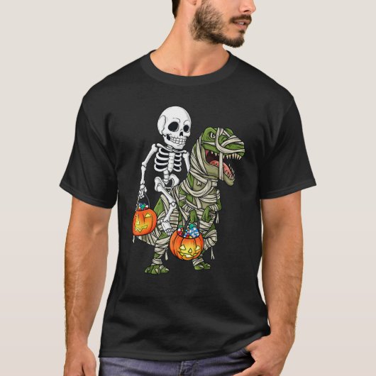 T-shirt Halloween Skeleton Riding Mummy Dinosaur Rex Pump (Devant)