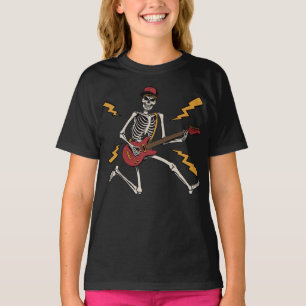 T-shirt Halloween Skeleton Rock Main Jouer Guitare Girl