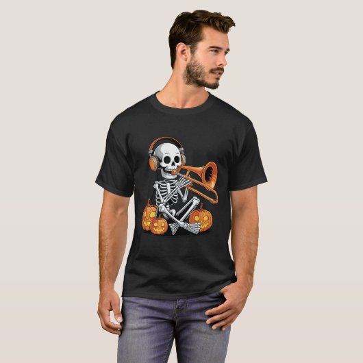 T-shirt Halloween Skeleton Trombone Trombonist (Devant entier)