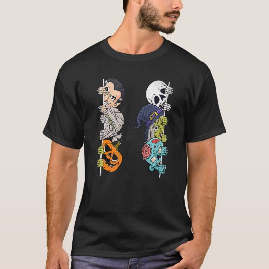 T-shirt Halloween Skeleton Witch Peeking Zombie Mummy Kids (Devant)