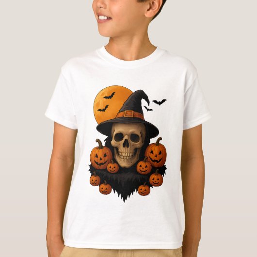 T-shirt Halloween Skull With Pumpkins and Witch Hat T-Shir (Devant)