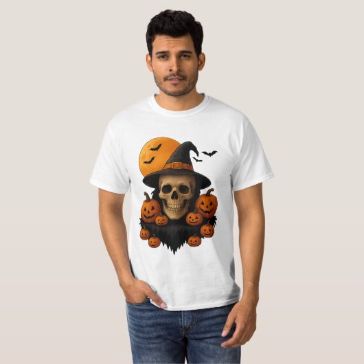 T-shirt Halloween Skull With Pumpkins and Witch Hat T-Shir (Devant entier)