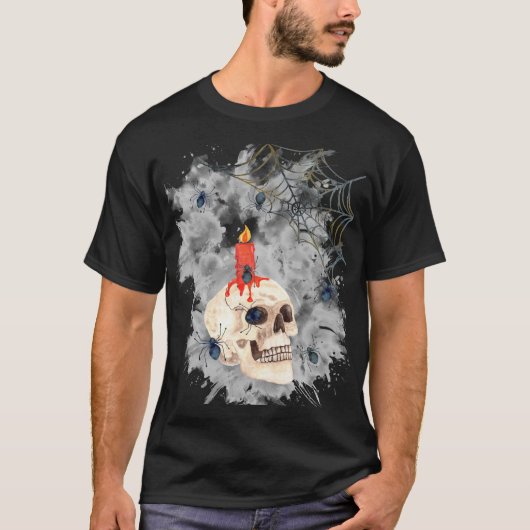 T-shirt Halloween Spooky Skull, Candle, Spiders & Webs (Devant)