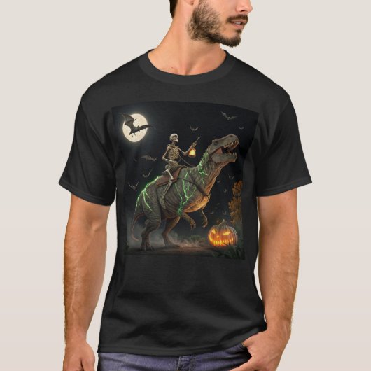 T-shirt Halloween Squelette équitation Dinosaure Enveloppé (Devant)