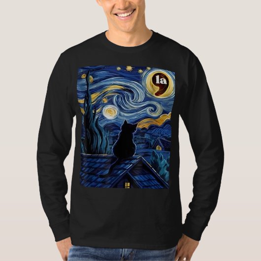 T-shirt Halloween Starry Night Black Cat Comma La Kamala (Devant)