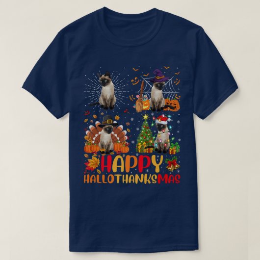 T-shirt Halloween Thanksgiving Christmas Chat Siamois Bonj (Design devant)