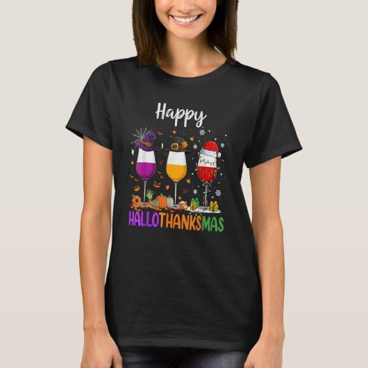 T-shirt Halloween Thanksgiving Christmas Happy Hallothanks (Devant)