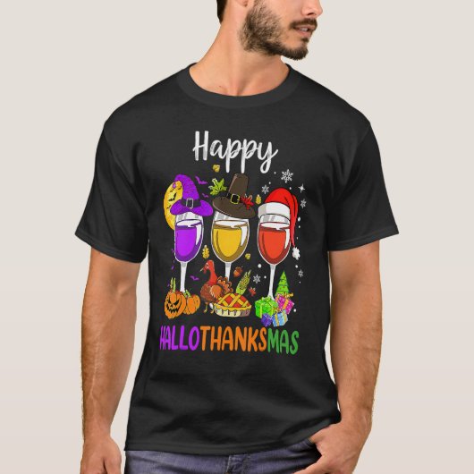T-shirt Halloween Thanksgiving Christmas Happy Hallothanks (Devant)