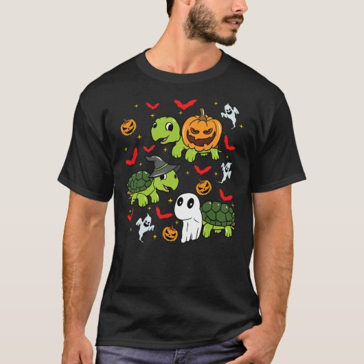 T-shirt Halloween Turtle Pumpkin Tortoise Bats and Ghosts (Devant)