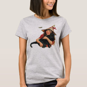 T-shirt Halloween vintage, Sorcière fille avec chat noir