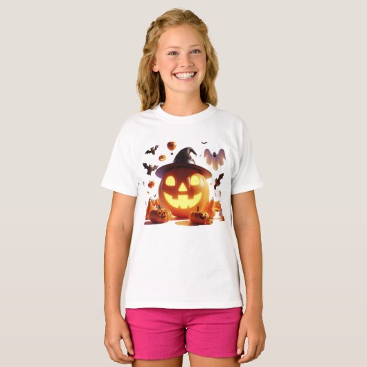 T-shirt Halloween Witch Citrouille White Ghost Bats Magie (Devant entier)