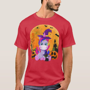 T-shirt Halloween Witchy Unicorn Black Cat Citrouille Girl