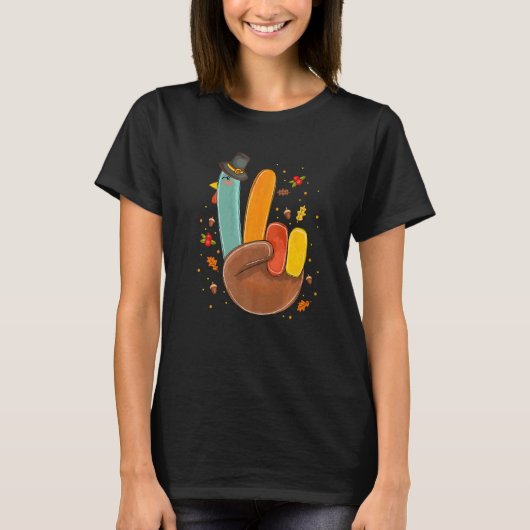 T-shirt Hand Peace Sign Turkey Pilgrim Hat Cool Retro Than (Devant)