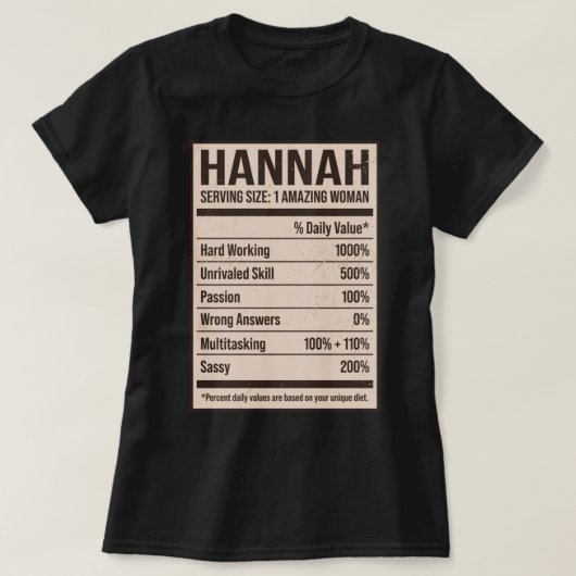 T-shirt Hannah Valeur nutritive Nom Pseudo Alias Titre F (Design devant)