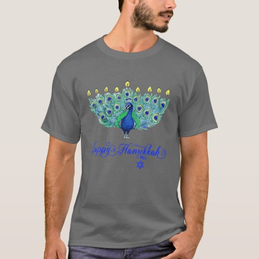 T-shirt Hanoukka Peacock Menorah Chanukah juif (Devant)