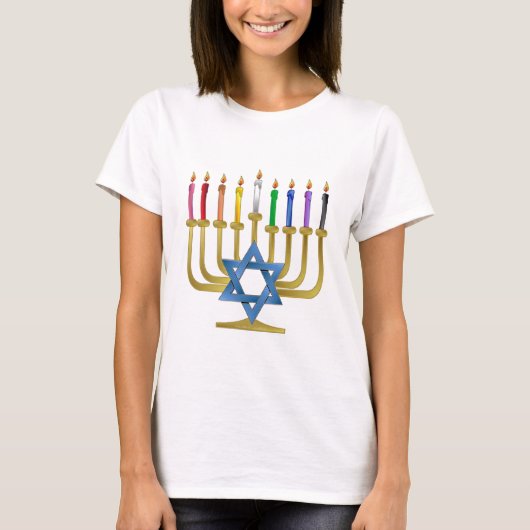 T-shirt Hanoukka Rainbow Candles Gold Menorah (Devant)
