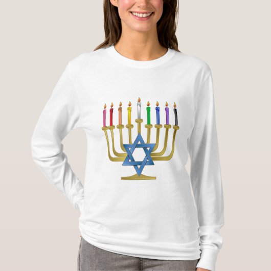 T-shirt Hanoukka Rainbow Candles Gold Menorah (Devant)