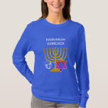 T-shirt Hanoukka SAMEACH personnalisé<br><div class="desc">Elégant et élégant T-shirt HANOUKKA, conçu avec un faux menorah or, l'étoile colorée de David et de couleur argent dreidel plus CUSTOMIZABLE GREETING - HANOUKKA SAMEACH, afin que vous puissiez créer votre propre salutation, par ex. Joyeux Chanoukah. Idéal pour la saison Hanoukka. Choisissez parmi une large gamme de vêtements et...</div>