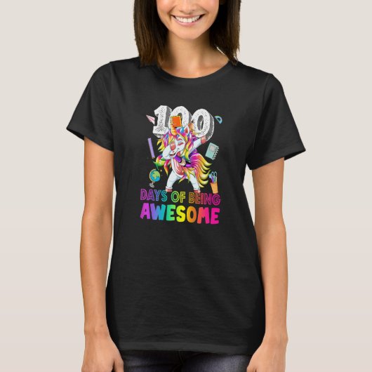 T-shirt Happy 100 Days Of School Girls Dabbing Unicorn (Devant)
