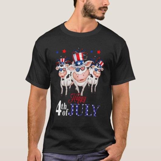 T-shirt Happy 4th Of July American Flag Three Cute Cows Fi (Devant)