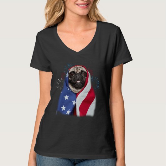 T-shirt Happy 4th Of July Pug Wearing American Flag Pride (Devant)