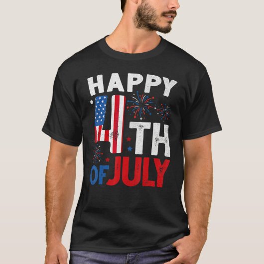 T-shirt Happy 4th Of July USA Flag Fireworks Firecrackers  (Devant)