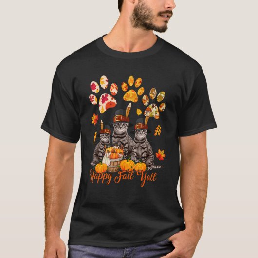 T-shirt Happy Autumn Y'all Thanksgiving Three Cats (Devant)