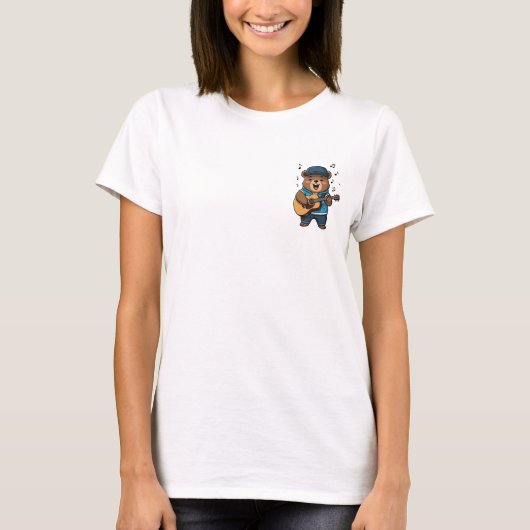 T-shirt Happy Brown Bear Musician Playing Acoustic Guitar  (Devant)