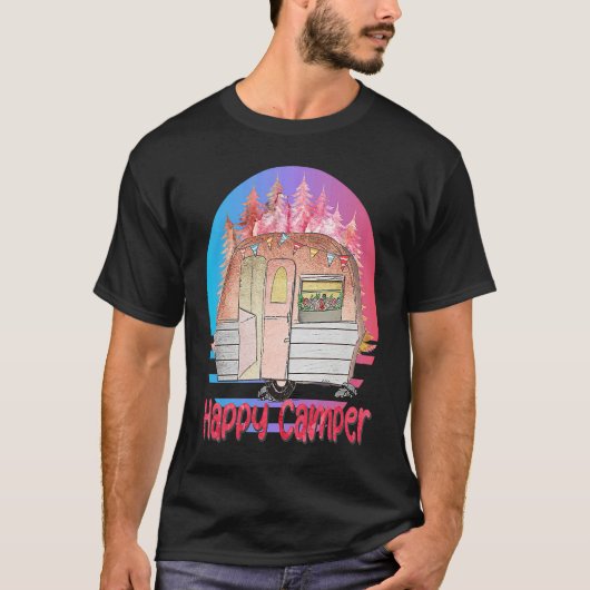 T-shirt Happy Camper Retro Sunset with Teardrop Camper (Devant)