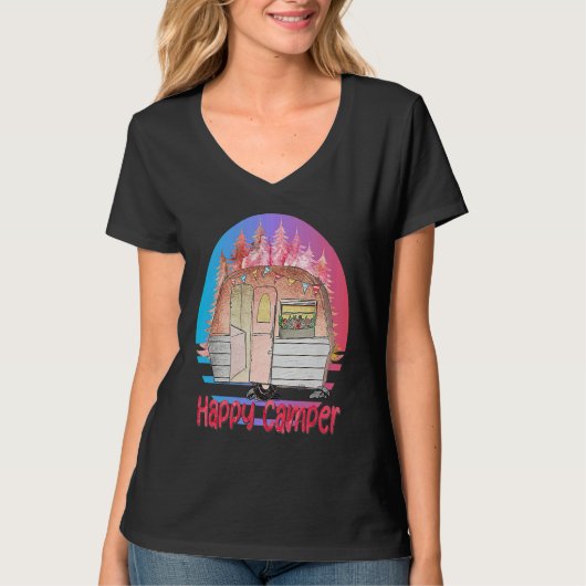 T-shirt Happy Camper Retro Sunset with Teardrop Camper (Devant)