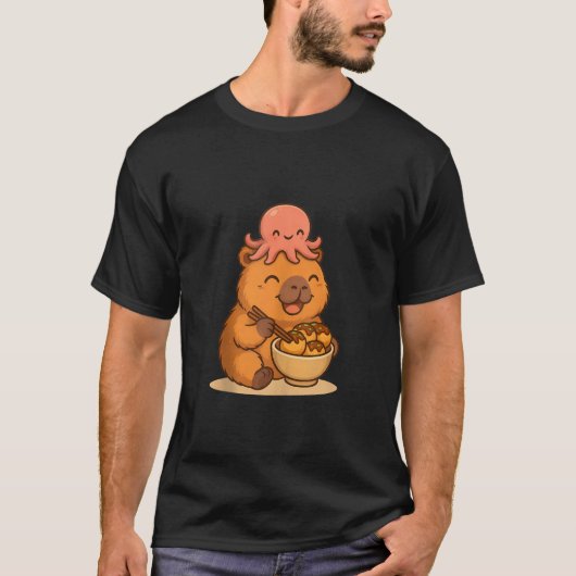 T-shirt Happy Capybara Eating Takoyaki with Octopus Kawaii (Devant)