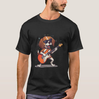 T-shirt Happy Dog Rocker Playing Guitar with sunglasses