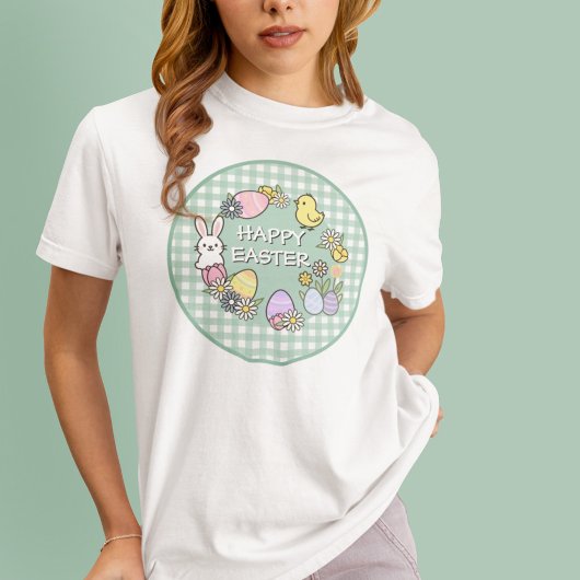 T-shirt Happy Easter Bunny Chick Eggs Green Gingham