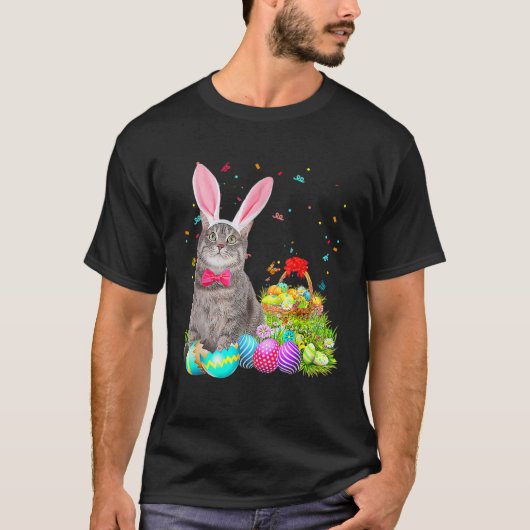 T-shirt Happy Easter Cute Bunny Cat Eggs Basket Men Women (Devant)