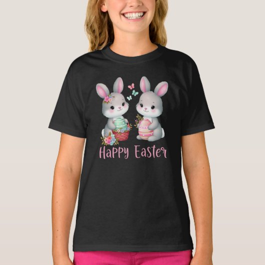 T-shirt Happy Easter, Floral Rabbit (Devant)