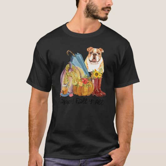 T-shirt Happy Fall Y'all English Bulldog Citrouille Thanks (Devant)