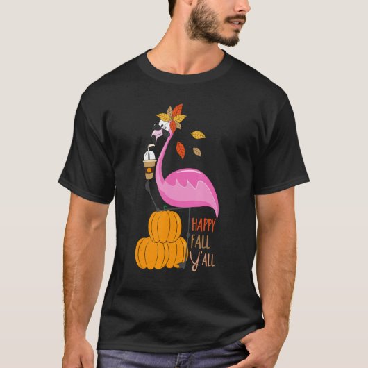 T-shirt Happy Fall Y'all Flamant rose Citrouille Automne G (Devant)