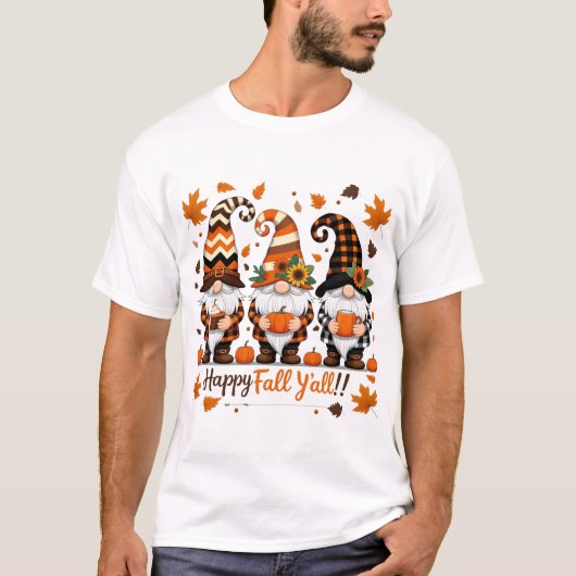 T-shirt Happy Fall Y'all Gnomes, Gnomes Citrouille Automne (Devant)