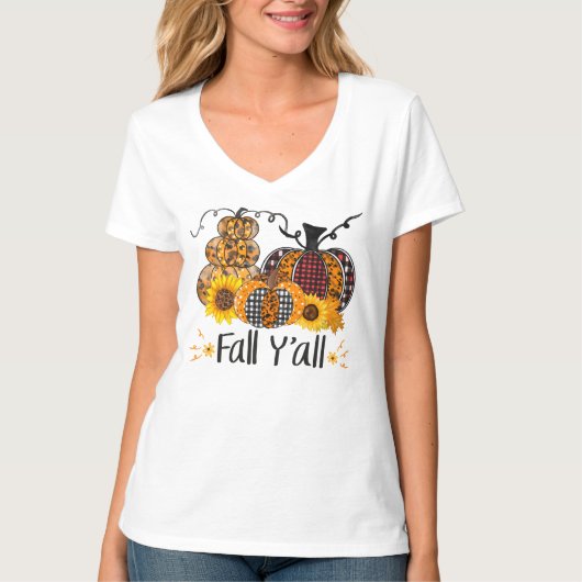 T-SHIRT HAPPY FALL Y'ALL ORANGE PATCHWORK CITROUILLES (Devant)