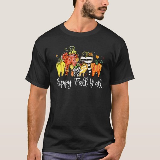 T-shirt Happy Fall Y'all Pumpkin Tooth Lepard Zebra Hallow (Devant)