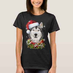 T-shirt Happy Furry Blanc Sibérien Husky Chien Noël San