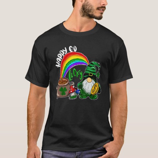 T-shirt Happy Go Lucky Rainbow Gnome Shamrock Funny St Pat (Devant)