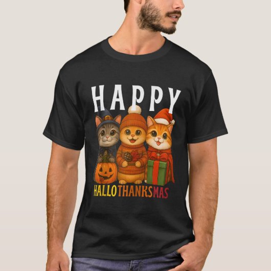 T-shirt Happy Hallothanksmas Cats Halloween Thanksgiving C (Devant)