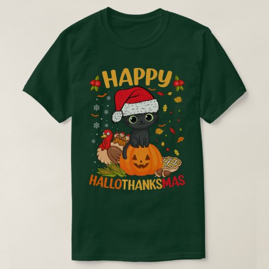 T-shirt Happy HalloThanksMas Chat Noir Santa Hat Vacances (Design devant)