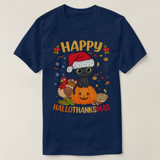 T-shirt Happy HalloThanksMas Chat Noir Santa Hat Vacances (Design devant)